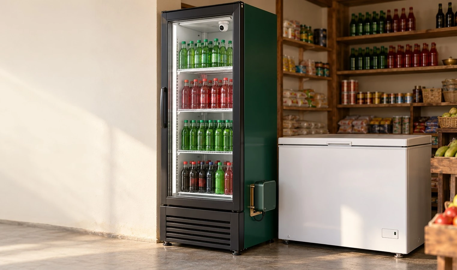 Illustration of an upright cooler and chest freezer in a retail outlet