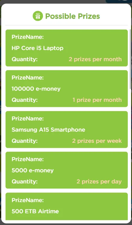 Quiz prize catalogue